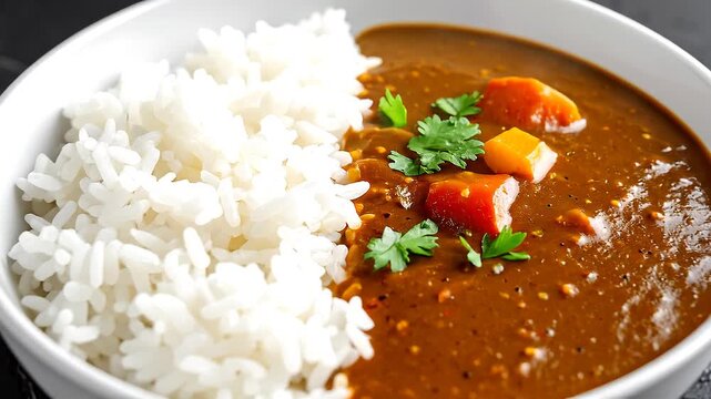 白米とカレーが分けて盛られた器が家庭的な定番料理を表現