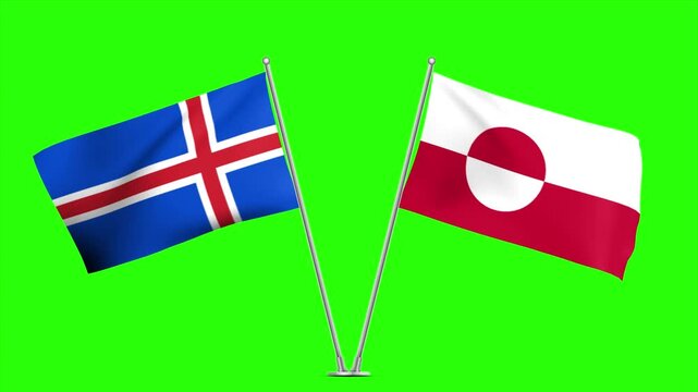 Iceland and Greenland Waving Flags Animation, Two Standing National Flags Loop