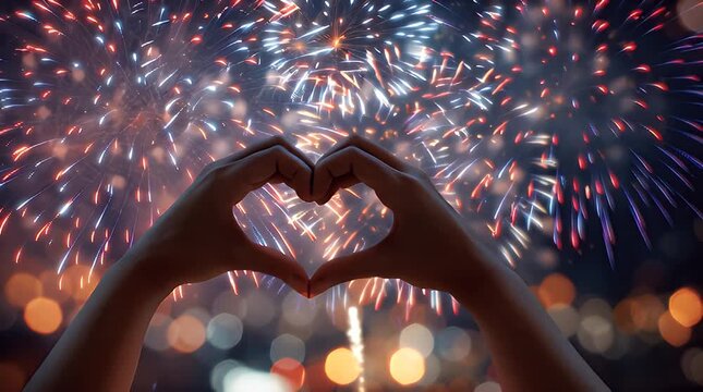 Silhouetted hands form a heart shape against a vibrant display of colorful fireworks exploding in the night sky