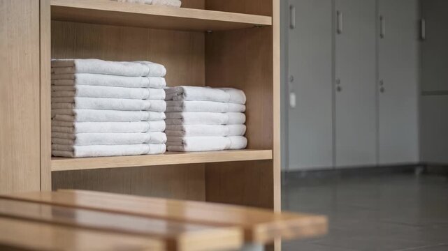 Focused medium shot of folded white towels stacked on wooden shelves with outoffocus benches and lockers framing the serene atmosphere in a upscale locker room.