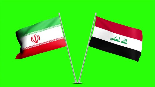 Iran and Iraq Waving Flags Animation, Two Standing National Flags Loop