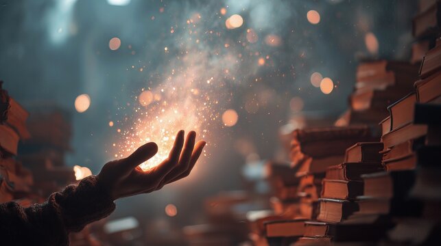 Glowing magical light floating above a hand among books, symbolizing imagination, knowledge and creative inspiration.