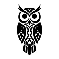 Stylized Tribal Owl Illustration Featuring Intricate Geometric Patterns and Bold Black Lines Isolated on White Background Representing Wisdom, Knowledge, and Ancient Mystical Symbolism.