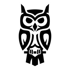 Stylized geometric owl illustration perched on a branch with sharp tribal lines, minimalist black and white vector design for modern logos, tattoos, or branding, bold high-contrast aesthetic.