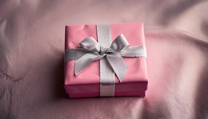 pink gift box with silver ribbon textured fabric