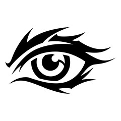 Stylized tribal eye vector illustration featuring sharp flame-like lashes and a bold pupil, ideal for tattoo designs, modern logos, or gothic graphic art with a mysterious aesthetic.