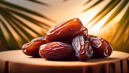 close up shot of dates highlighting the texture and richness of the dates against palm tree