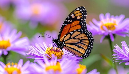 Obraz premium Butterfly on Purple Aster Flower with Soft Lighting