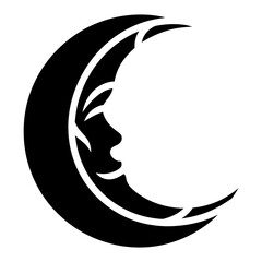 Minimalist Black Crescent Moon Silhouette with Human Face Profile Isolated on White Background, Mystical Celestial Icon for Astrology, Tarot, and Dreamy Graphic Design Projects.