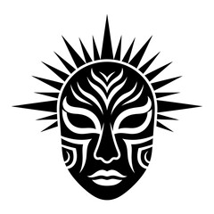 Tribal sun mask vector illustration featuring intricate facial patterns and sharp rays, isolated on a white background for ritualistic, mystical, and ancient cultural design concepts.