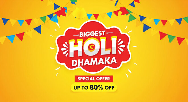 Happy Holi Festival Sale Banner with Vibrant Color Splashes and Dhamaka Offer Vector Illustration