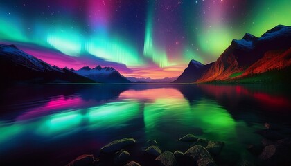 neon aurora over mountain lake