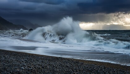 this striking photograph captures the raw power and intensity of big waves crashing against the shore amidst a turbulent sea and stormy sky towering waves rise majestically from the depths