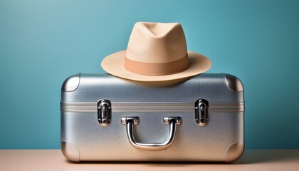 metallic silver suitcase beige hat retro style pastel blue background minimalist 3d render clean design high quality detailed cinematic lighting photorealistic