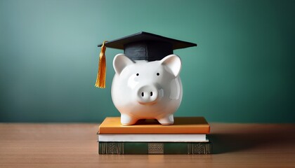 concept image of education savings and financial planning a white piggy bank wearing a graduation cap sits on top of a stack of books