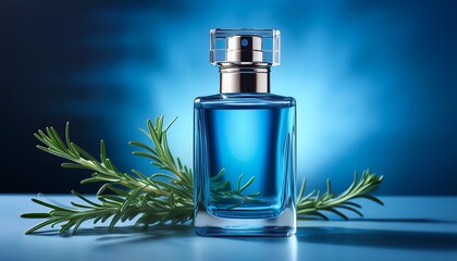 the image depicts a blue translucent perfume bottle with a sprig of rosemary conveying a sense of calm and tranquility