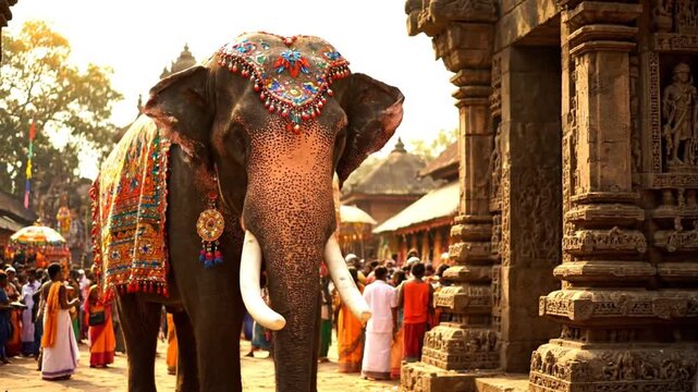 Majestic Decorated Elephant Stands Near Ancient Stone Temple Entrance During Daylight Cultural Procession Gathering