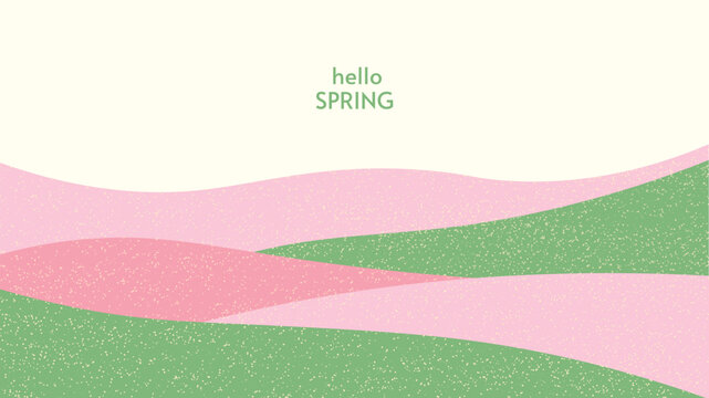 Abstract pink spring landscape. Rural field texture. Flower plantations background. Hills in forest. Panoramic eco agro illustration. colorful vector. Horizontal landscape nature. Hello spring text.