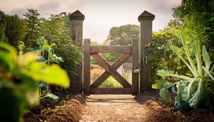 a rustic gate leading into a vegetable garden with a soft focus on the plants inside