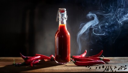 hot sauce bottle chili peppers rustic wooden table moody lighting smoke spices glass bottle red liquid dark background dramatic atmosphere food photography culinary still life spicy