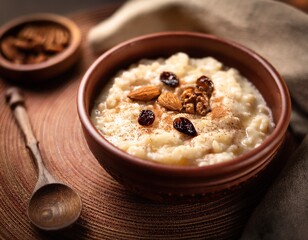 creamy rice pudding rustic ceramic bowl raisins and nuts topping cinnamon sprinkle soft lighting comfort food warm tones spoon on side cozy atmosphere traditional dessert close up food