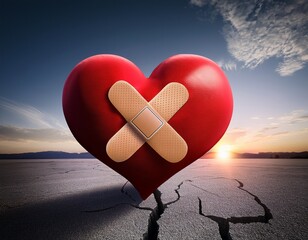 heart with crack and bandaid repair healing recovery from emotional trauma or illness