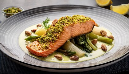 a pistachio crusted salmon fillet served on a bed of braised fennel and leeks with tangy lemon beurre blanc sauce the crunchy pistachios adding texture and contrast