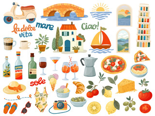 Italian food and drinks vector clipart set with pizza, pasta, wine and aperol