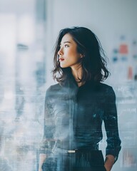 A young professional woman stands contemplatively in a modern office environment viewed through a glass window with subtle reflections