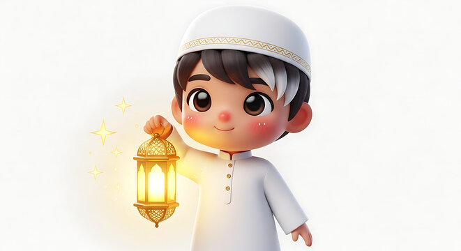 Cute 3d cartoon of a young muslim boy wearing a white thobe and holding a glowing golden lantern.