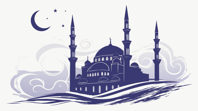 Stylized illustration of a blue mosque with a crescent moon and stars