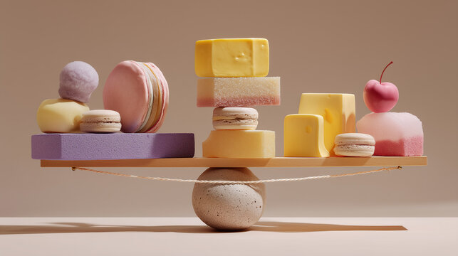 Surreal still life of everyday objects stacked in impossible balance
