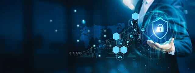 Security professional holding monitoring system. Protection and security safeguard people, assets,...