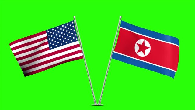 USA and North Korea Waving Flags Animation, Two Standing National Flags Loop