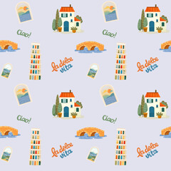 Italian coastal architecture seamless patterns with Pisa tower and villas © Elena