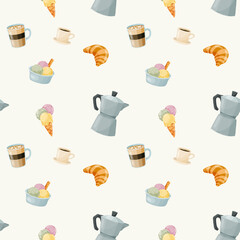 Seamless food patterns with pizza, pasta, wine and coffee icons © Elena