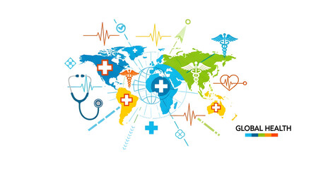 Fototapeta premium Global Health Initiatives Illustrated on World Map with Medical Symbols and Icons