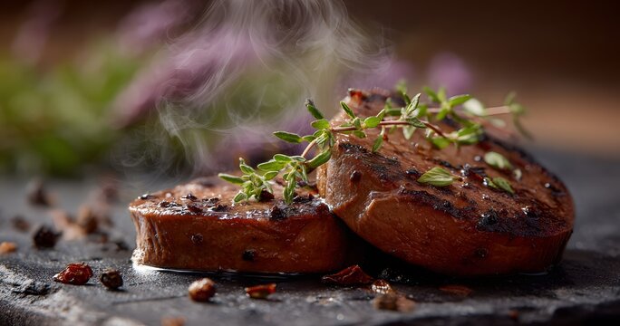 Delicate slice of pan fried pig's liver called Collop born of Scotland's Highland glen rich flavor unfolding against backdrop of heather mist aroma of thyme pepper dancing across buttery surface clean