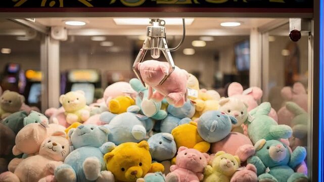 Medium shot capturing a brightly lit claw machine cabinet overflowing with soft colorful stuffed animals claw sharply in focus while the room behind fades softly.