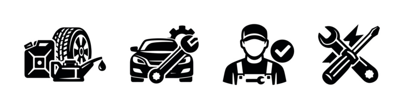 Car repair tools and mechanic with checkmark, flat vector illustration