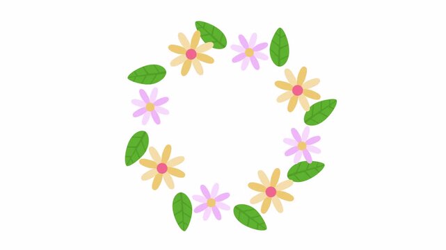 Colorful floral wreath frame on a transparent background. Minimalist botanical circle border with spring flowers and green leaves for summer wedding invitations and wellness element concept.