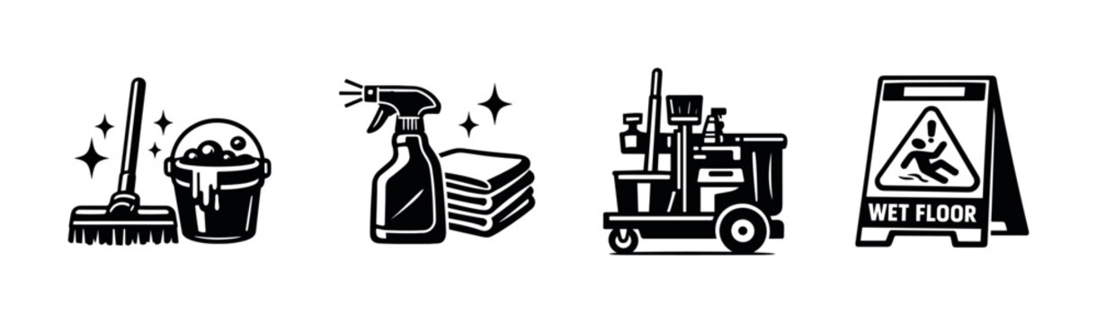 Cleaning equipment icons set in black and white, flat vector illustration
