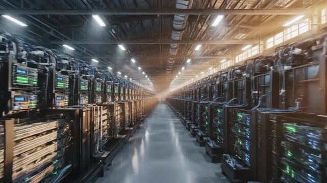 Bitcoin Mining Facility with Rows of Servers in a Large Industrial Warehouse
