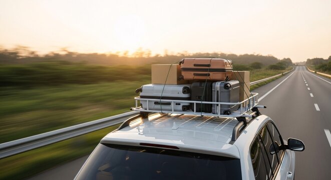 Car with luggage on roof rack driving on a highway at sunset, ready for a long road trip adventure.