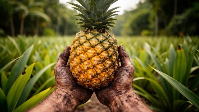 First person POV farmer hands carrying freshly harvested pineapple through tropical plantation in cinematic slow motion