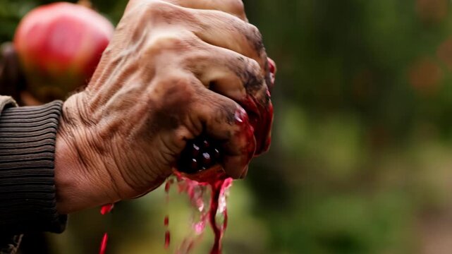 Man crushing ripe pomegranate with rough hands, bursting fruit juice in dramatic close-up