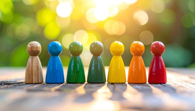 Colorful Wooden Peg People Lined Up on Table with Sunny Garden Bokeh