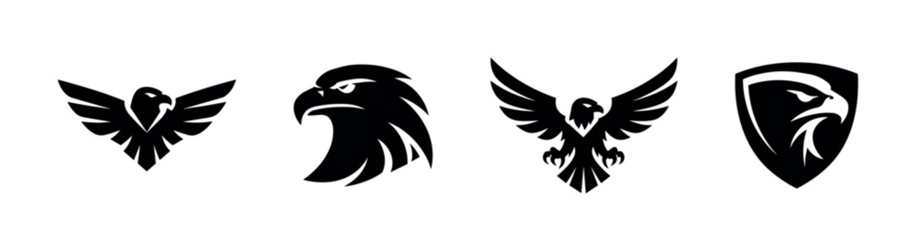 Set of eagle logos in bold silhouette style, flat vector illustration
