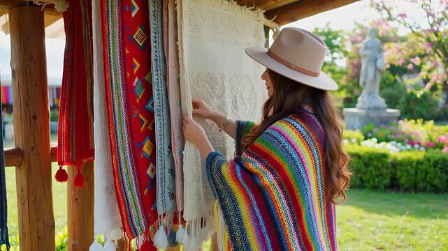Woman examining textiles at outdoor market