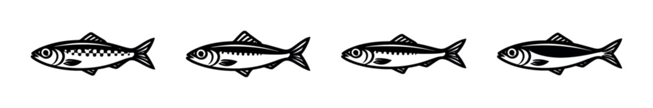 Four fish in row, black and white design, flat vector illustration